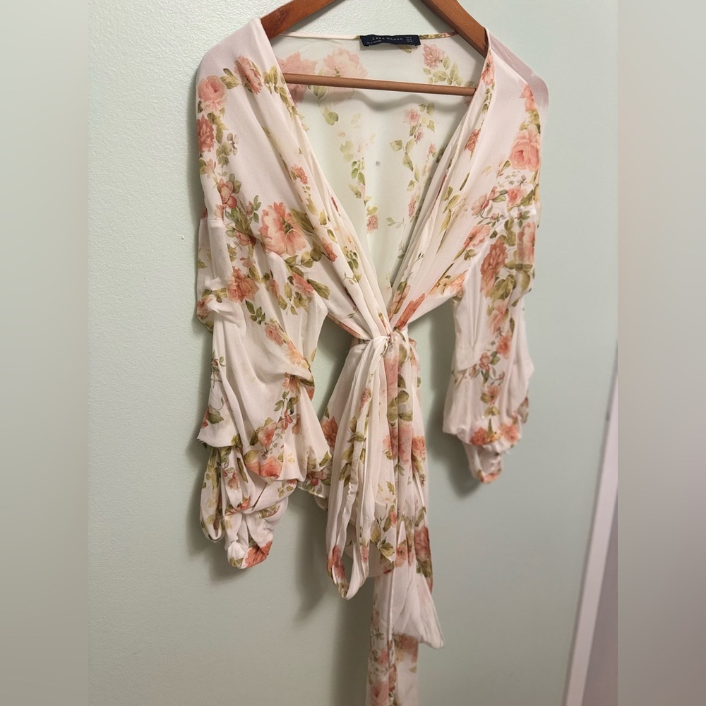 Zara Cream Floral Tie-Front Blouse - Picture 8 of 12